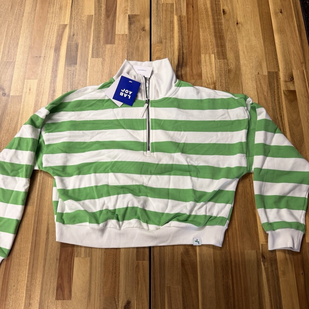 NWT JoyLab Cropped Fit Green White Striped Womens Pullover Sweater Size S - Picture 1 of 8